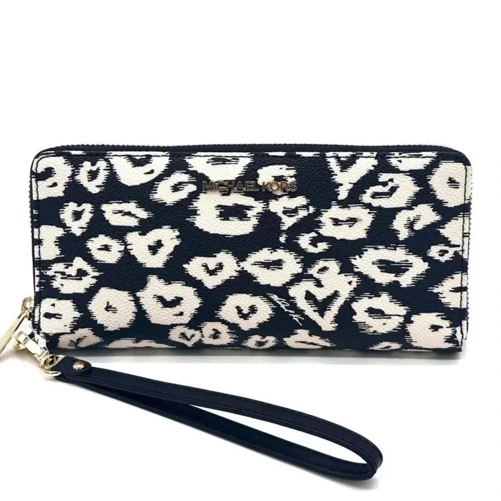 Michael Kors Black and White Leopard Print Wristlet Wallet